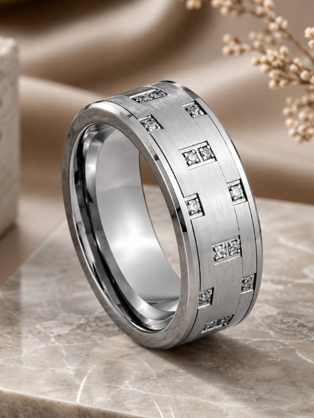 Silver Brushed Tungsten Ring with Staggered CZ Accents - GALTUN1082-14